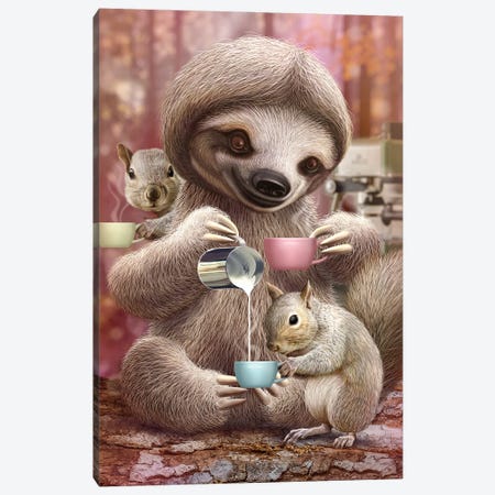 Barista Sloth Canvas Print #ADL227} by Adam Lawless Canvas Art Print