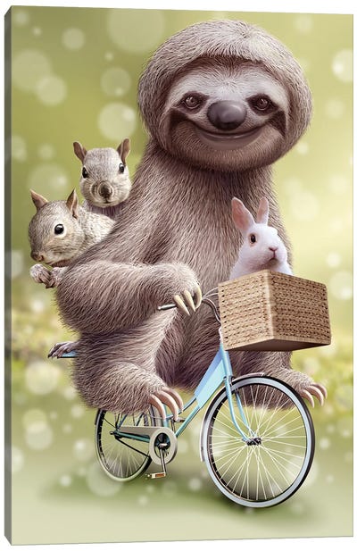 Sloth Goes Riding Canvas Art Print - Adam Lawless