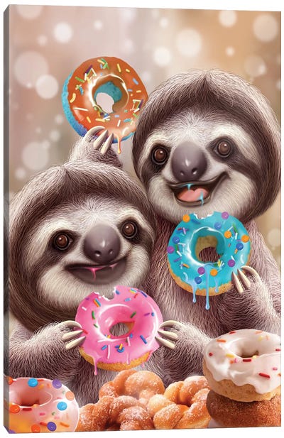 Sloths Eat Donuts Canvas Art Print - Donut Art