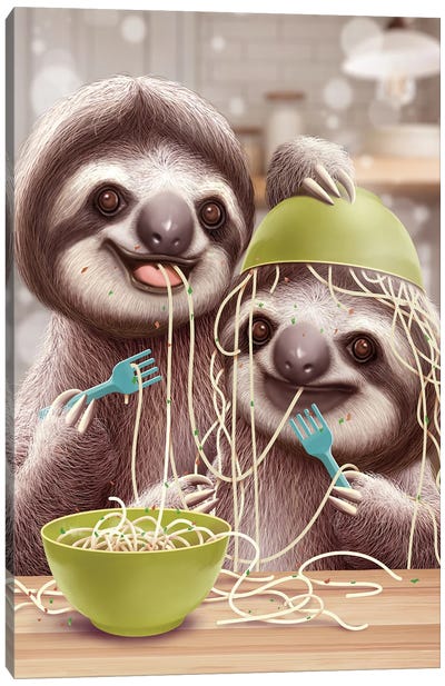 Young Sloths Eat Spagetti Canvas Art Print - Sloth Art