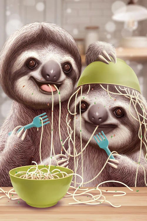 Young Sloths Eat Spagetti by Adam Lawless wall art