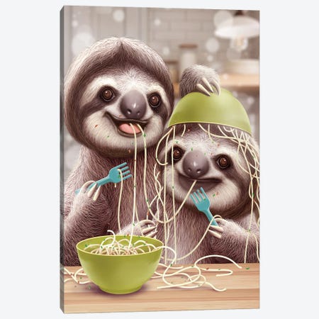 Young Sloths Eat Spagetti Canvas Print #ADL230} by Adam Lawless Canvas Print