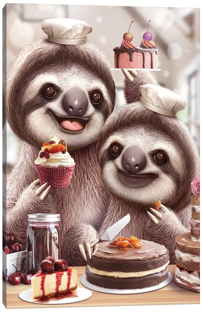 Sloths Baking Cakes Canvas Art Print - Sloth Art