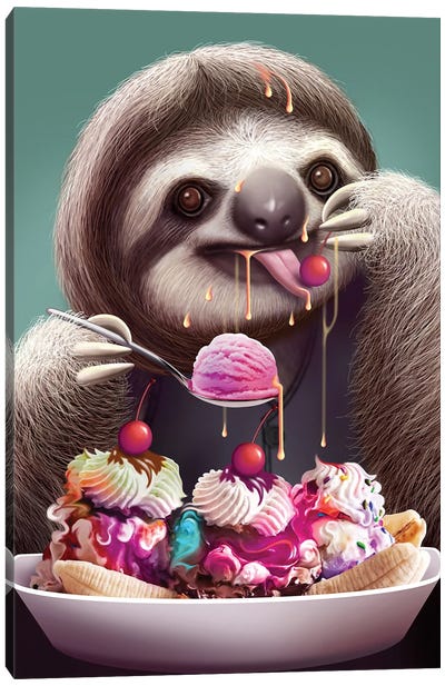 Sloth Enjoying Ice Cream Canvas Art Print - Sloth Art