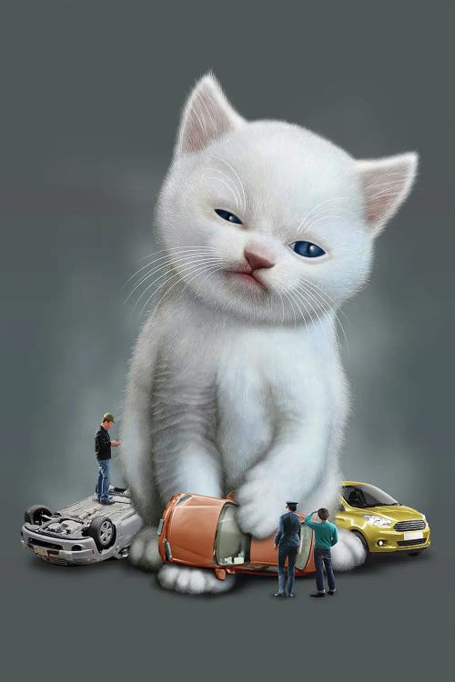Kitten Vs Cars by Adam Lawless wall art
