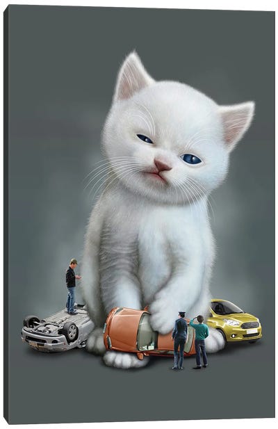 Kitten Vs Cars Canvas Art Print - Adam Lawless