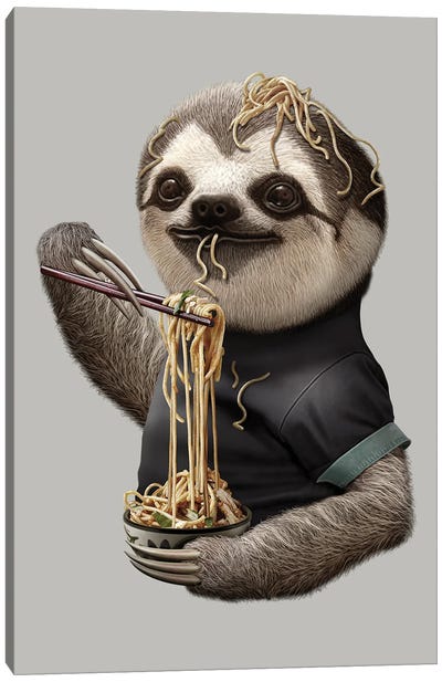 Sloth Eat Noodle Canvas Art Print - Sloth Art