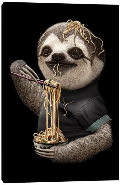 Sloth Eat Noodle Black Canvas Art Print - Adam Lawless