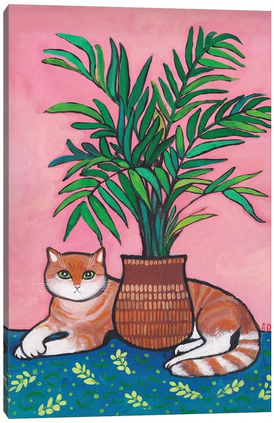 My Cute Tiger Under The Palm Tree Canvas Art Print - Tabby Cat Art