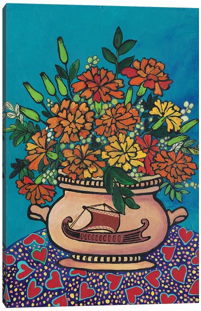 Marigolds In A Ceramic Vase Canvas Art Print