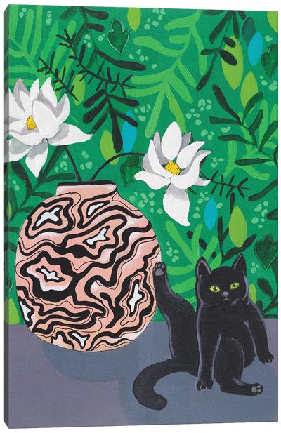 Cat And Pink Vase Canvas Art Print - Alexandra Dobreikin