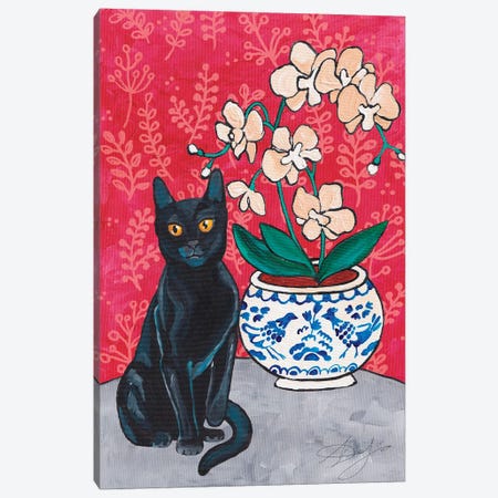 Black Kitty With Orchid On A Red Background Canvas Print #ADN229} by Alexandra Dobreikin Canvas Print