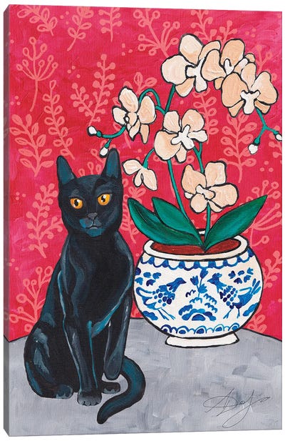 Black Kitty With Orchid On A Red Background Canvas Art Print - Orchid Art
