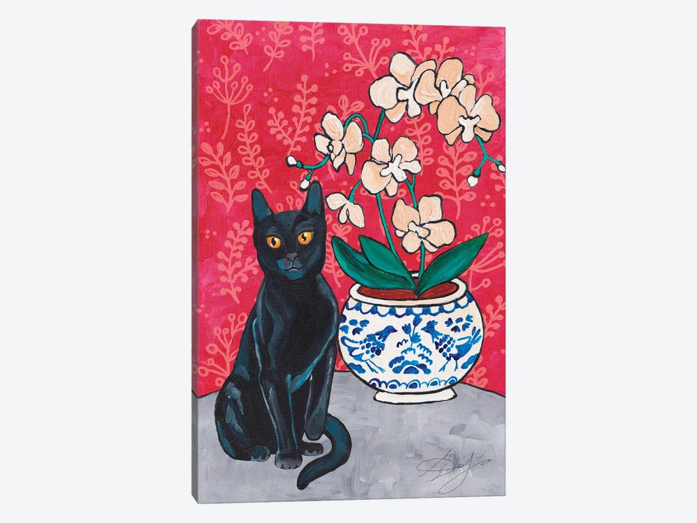 Black Kitty With Orchid On A Red Background by Alexandra Dobreikin 1-piece Canvas Artwork