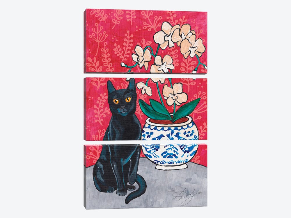 Black Kitty With Orchid On A Red Background by Alexandra Dobreikin 3-piece Canvas Wall Art