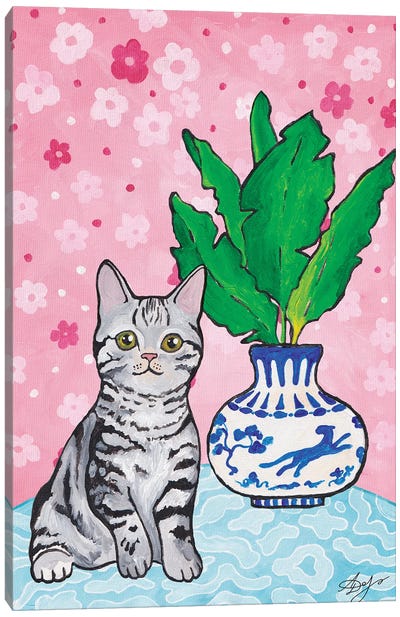 Gray Cute Kitten On A Pink Background Canvas Art Print - Alexandra Dobreikin