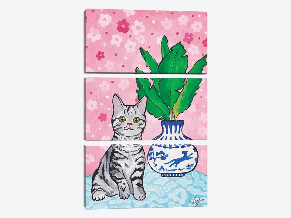 Gray Cute Kitten On A Pink Background by Alexandra Dobreikin 3-piece Canvas Wall Art