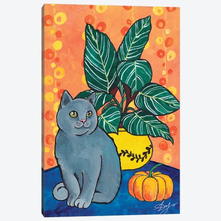 Gray British Cat With A Pumpkin On An Orange Background Canvas Print #ADN231} by Alexandra Dobreikin Canvas Art