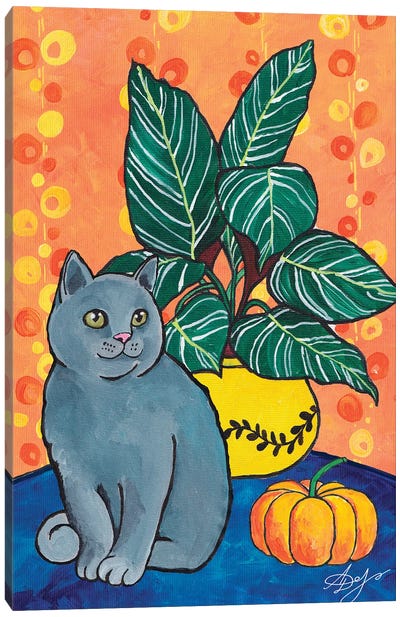 Gray British Cat With A Pumpkin On An Orange Background Canvas Art Print - Alexandra Dobreikin