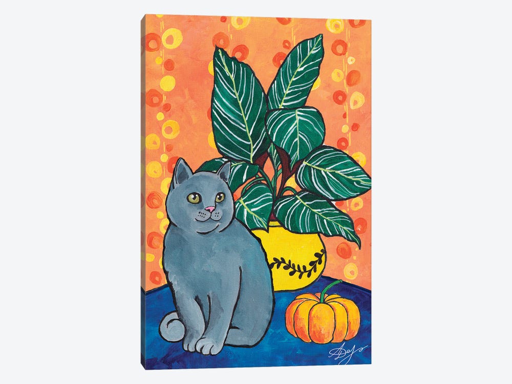 Gray British Cat With A Pumpkin On An Orange Background by Alexandra Dobreikin 1-piece Canvas Print