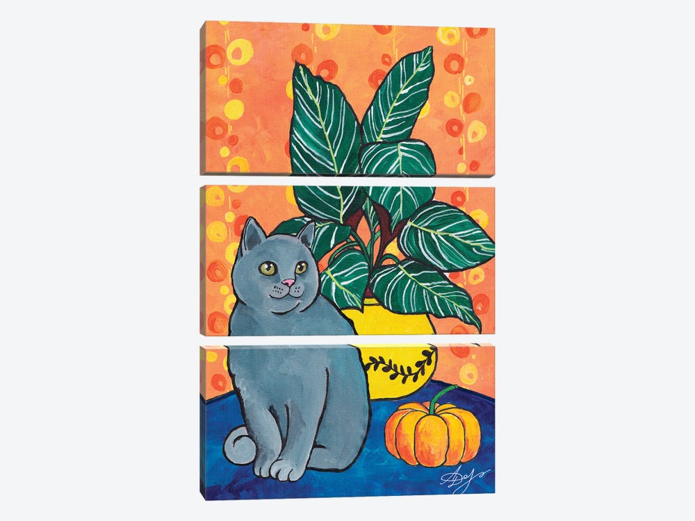 Gray British Cat With A Pumpkin On An Orange Background by Alexandra Dobreikin 3-piece Canvas Art Print