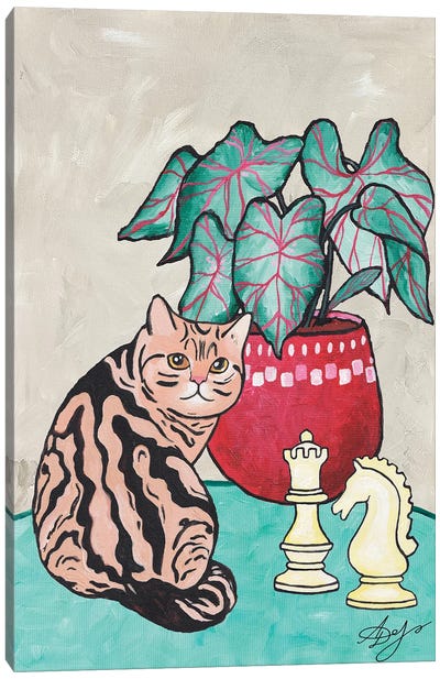 Tabby Cat With Chess Pieces And A Potted Plant Canvas Art Print - Tabby Cat Art