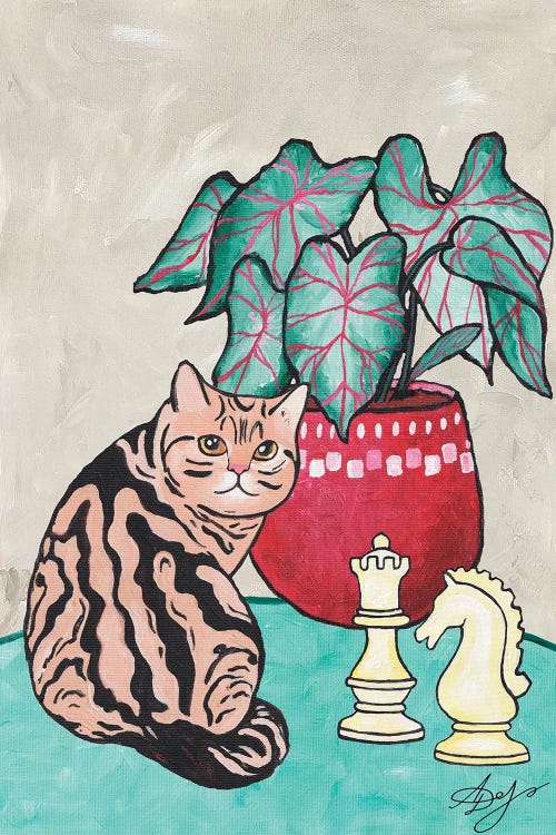 Tabby Cat With Chess Pieces And A Potted Plant