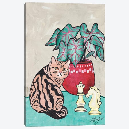 Tabby Cat With Chess Pieces And A Potted Plant Canvas Print #ADN232} by Alexandra Dobreikin Canvas Wall Art