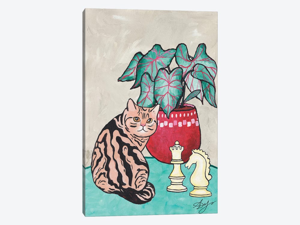 Tabby Cat With Chess Pieces And A Potted Plant by Alexandra Dobreikin 1-piece Canvas Art