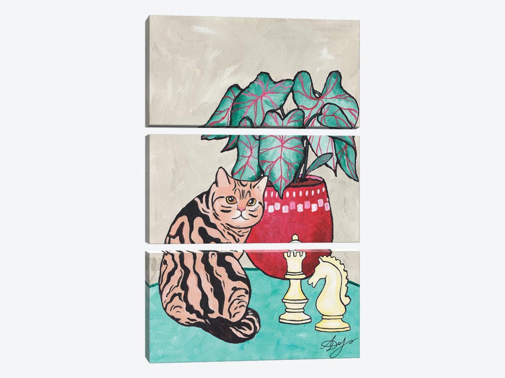 Tabby Cat With Chess Pieces And A Potted Plant by Alexandra Dobreikin 3-piece Canvas Artwork
