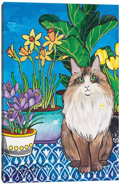 Norwegian Forest Cat Among Spring Flowers Canvas Art Print - Alexandra Dobreikin