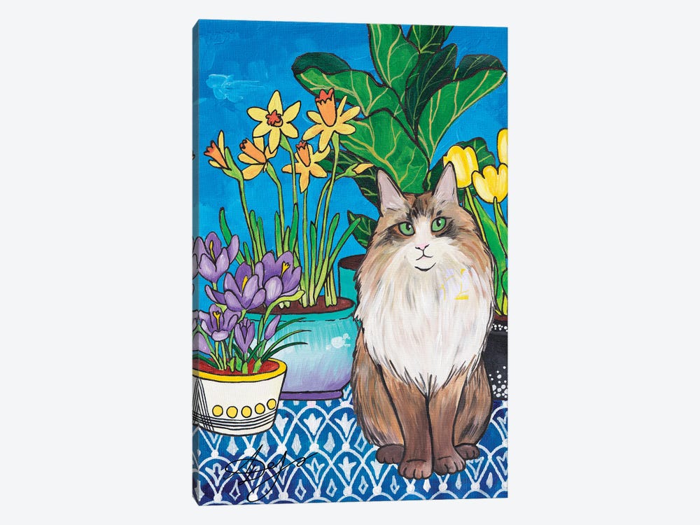 Norwegian Forest Cat Among Spring Flowers by Alexandra Dobreikin 1-piece Canvas Art Print