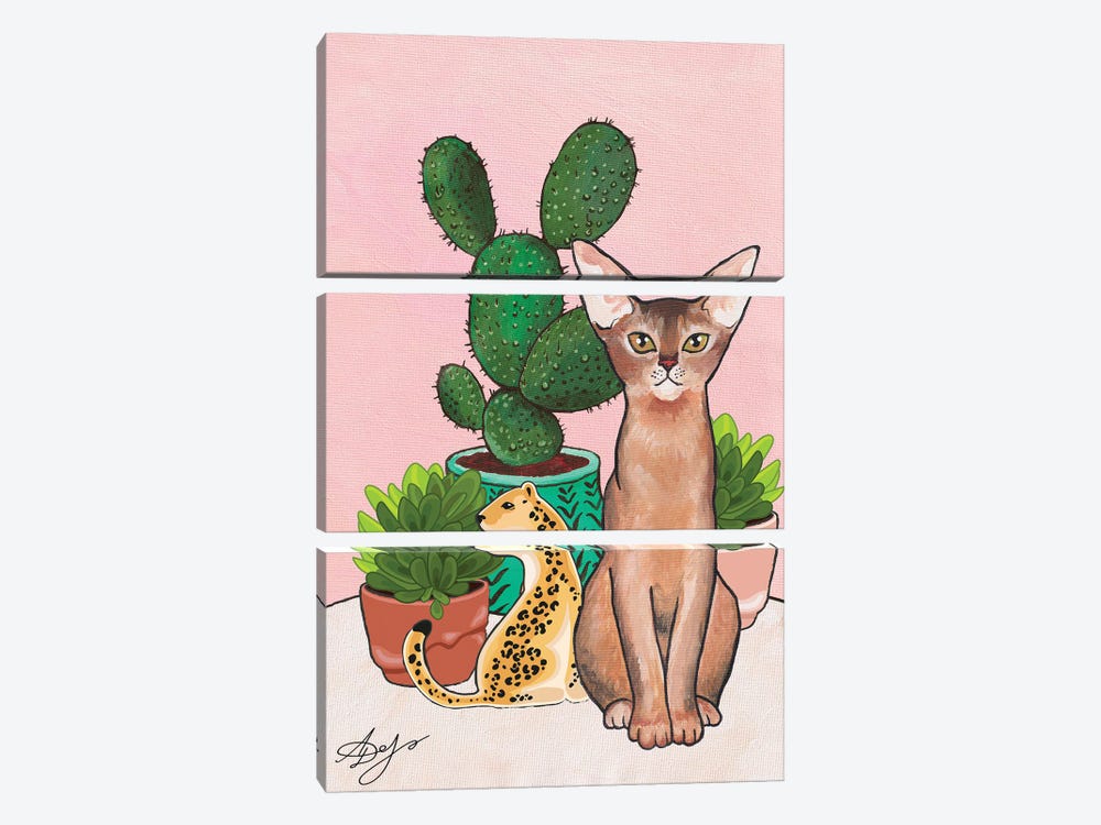 Abyssinian Cat Among Cacti And Succulents by Alexandra Dobreikin 3-piece Canvas Artwork