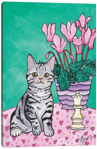 Cute Gray Kitten On A Pink Tablecloth Canvas Art Print - Alexandra Dobreikin