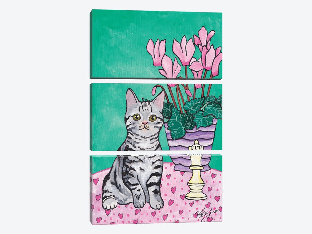 Cute Gray Kitten On A Pink Tablecloth by Alexandra Dobreikin 3-piece Canvas Wall Art