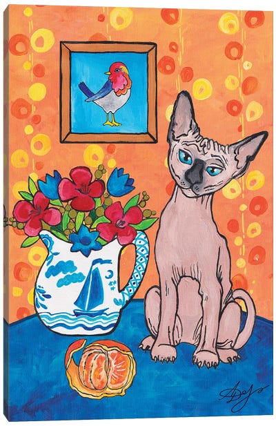 Sphynx Cat And Dutch Jug With Flowers Canvas Art Print - Orange Art