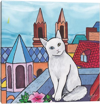 Cat On The Roof Of The House Canvas Art Print - Alexandra Dobreikin