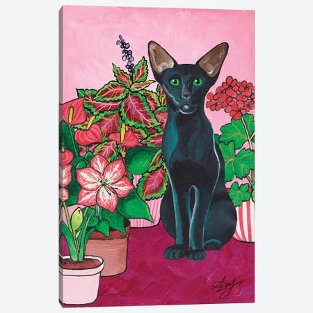 Oriental Cat On A Pink Background With Red Flowers. Canvas Print #ADN287} by Alexandra Dobreikin Canvas Wall Art