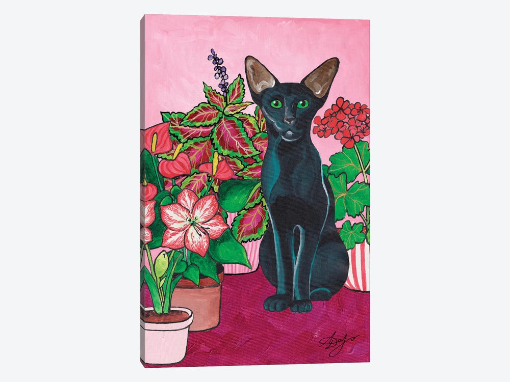 Oriental Cat On A Pink Background With Red Flowers. by Alexandra Dobreikin 1-piece Canvas Artwork