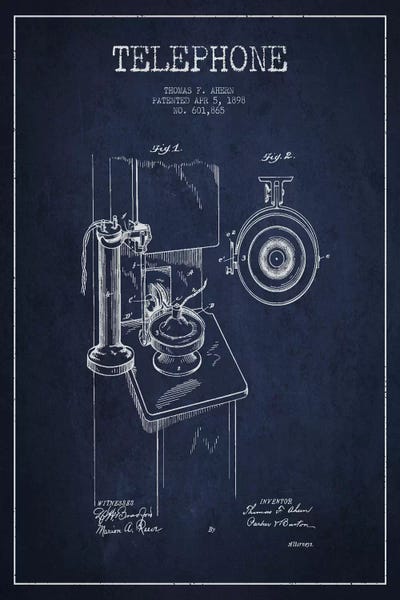 Ahern Telephone Blue Patent Blueprint by Aged Pixel metal wall art