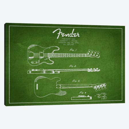 Fender Guitar Green Patent Blueprint Canvas Print #ADP1000} by Aged Pixel Canvas Art