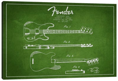 Fender Guitar Green Patent Blueprint Canvas Art Print - Aged Pixel: Music