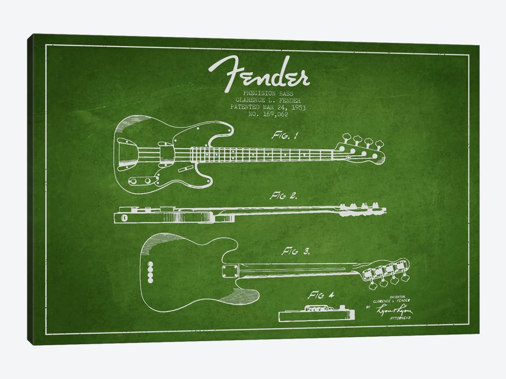Fender Guitar Green Patent Blueprint by Aged Pixel 1-piece Canvas Art