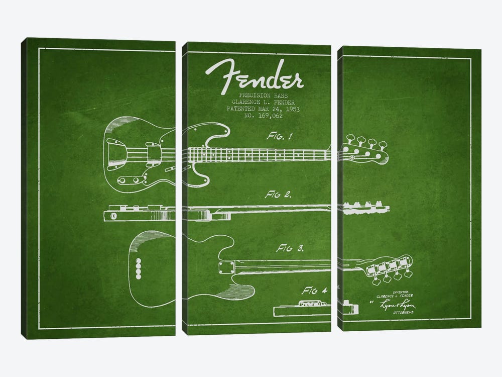 Fender Guitar Green Patent Blueprint by Aged Pixel 3-piece Canvas Artwork