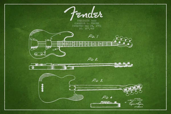 Music Blueprints: Fender Guitar Green Patent Blueprint by Aged Pixel