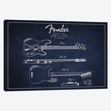 Fender Guitar Navy Blue Patent Blueprint Canvas Print #ADP1001} by Aged Pixel Canvas Art