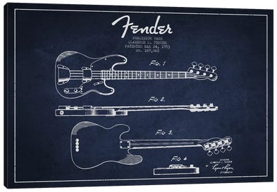 Fender Guitar Navy Blue Patent Blueprint Canvas Art Print - Guitars