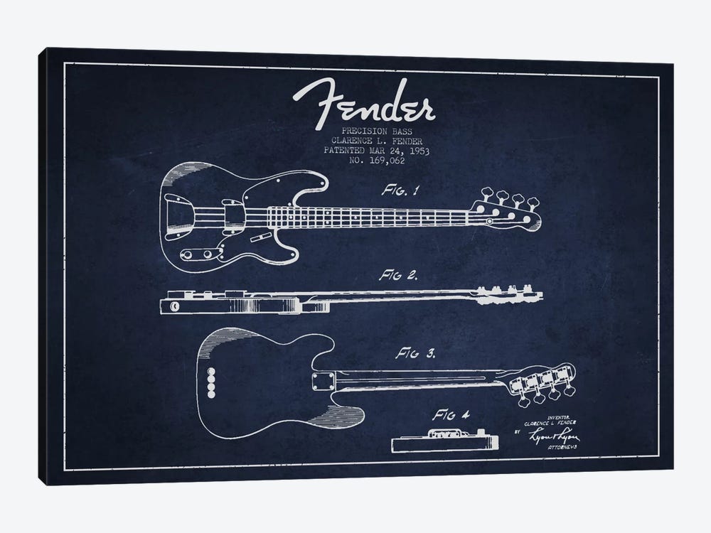 Fender Guitar Navy Blue Patent Blueprint by Aged Pixel 1-piece Art Print