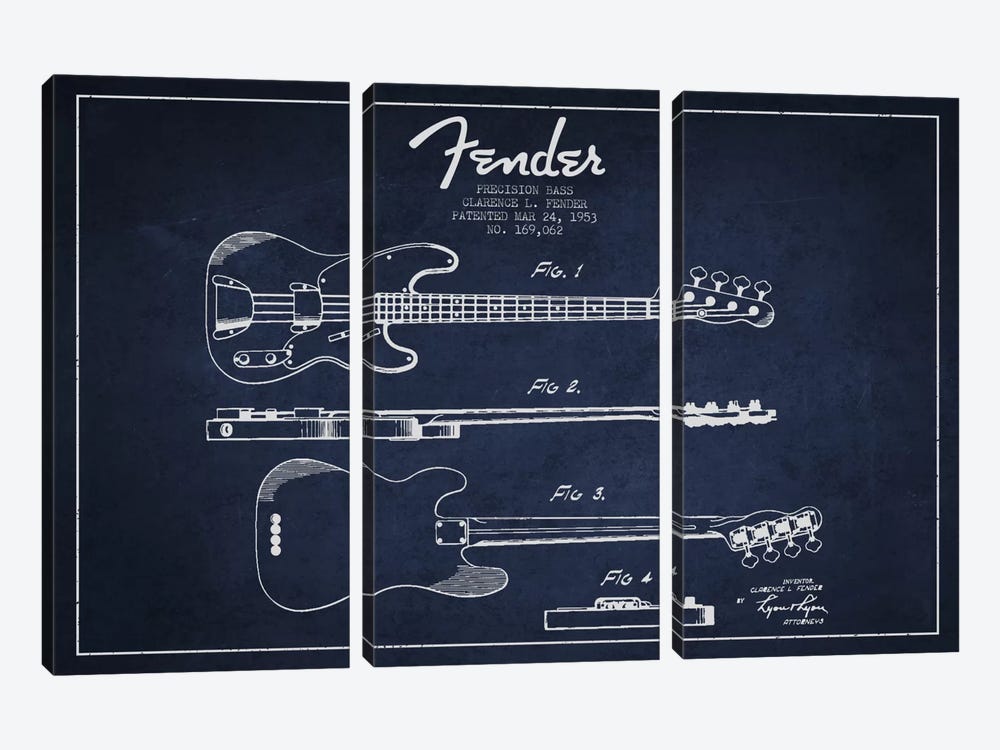 Fender Guitar Navy Blue Patent Blueprint by Aged Pixel 3-piece Canvas Print