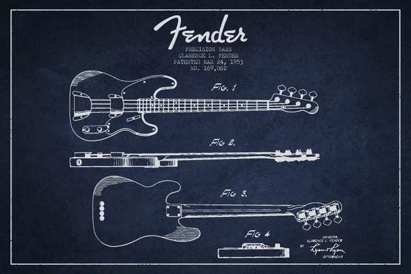 Music Blueprints: Fender Guitar Navy Blue Patent Blueprint by Aged Pixel